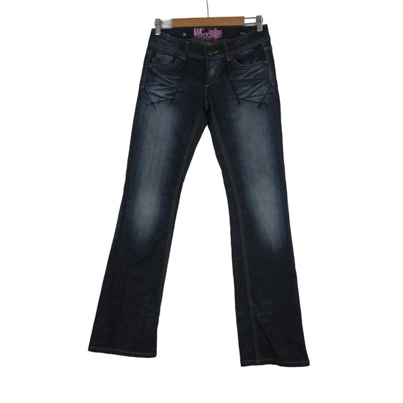 Express‎ Be Rock women's embroidered vintage wash boot cut low-rise jeans 4 - Picture 1 of 13